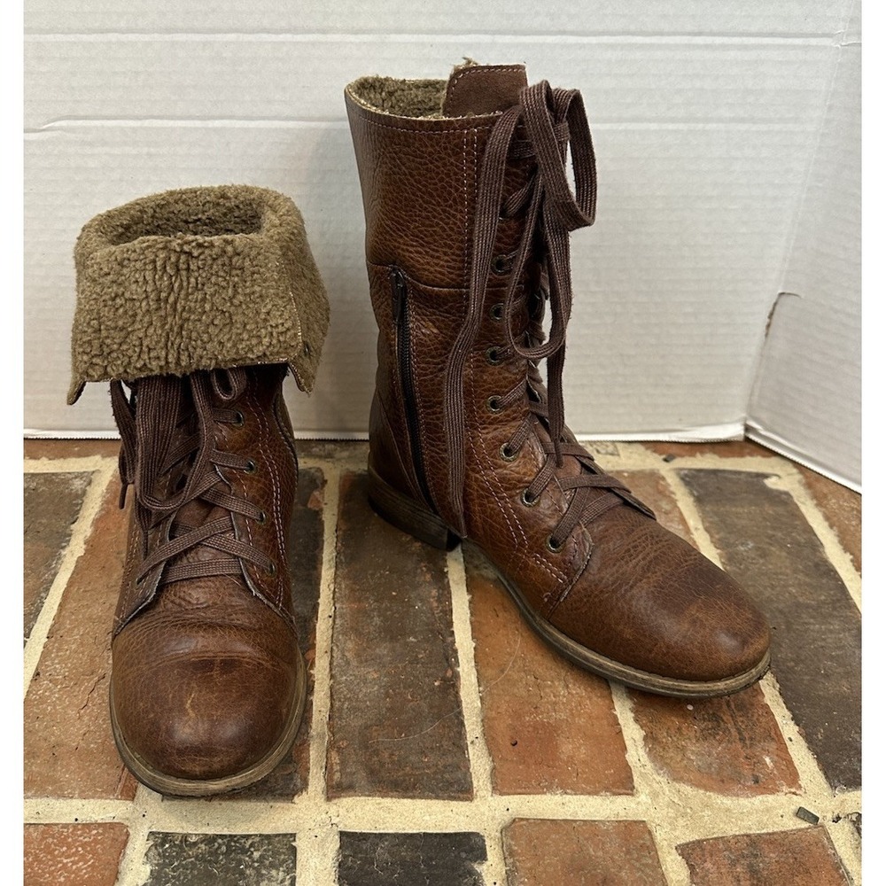 Caterpillar CAT Brown Leather Boots Combat Foldable Sherpa Cuff Women's 8 Wide